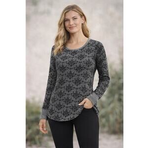 prAna Gray Black Scroll Print Long Sleeve Top Size M Organic Cotton